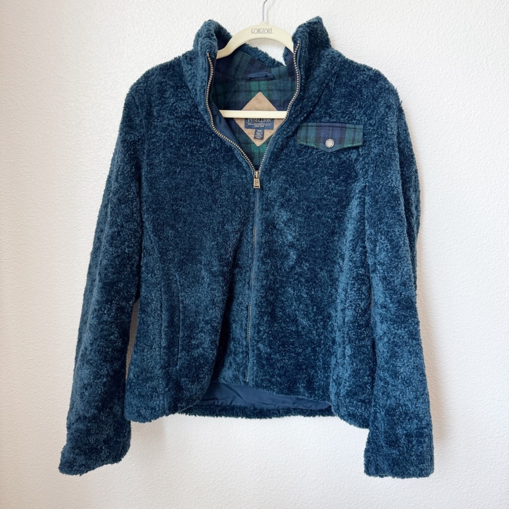 Pendleton Ladies Fuzzy Deep Pile Zip Jacket Dark Blue Size Medium